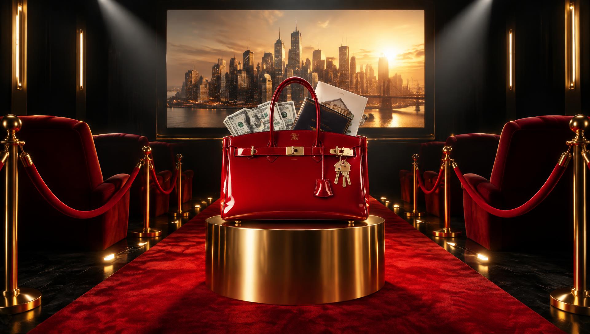 Private premiere screening room with a red carpet and a red luxury bag on a gold pedestal