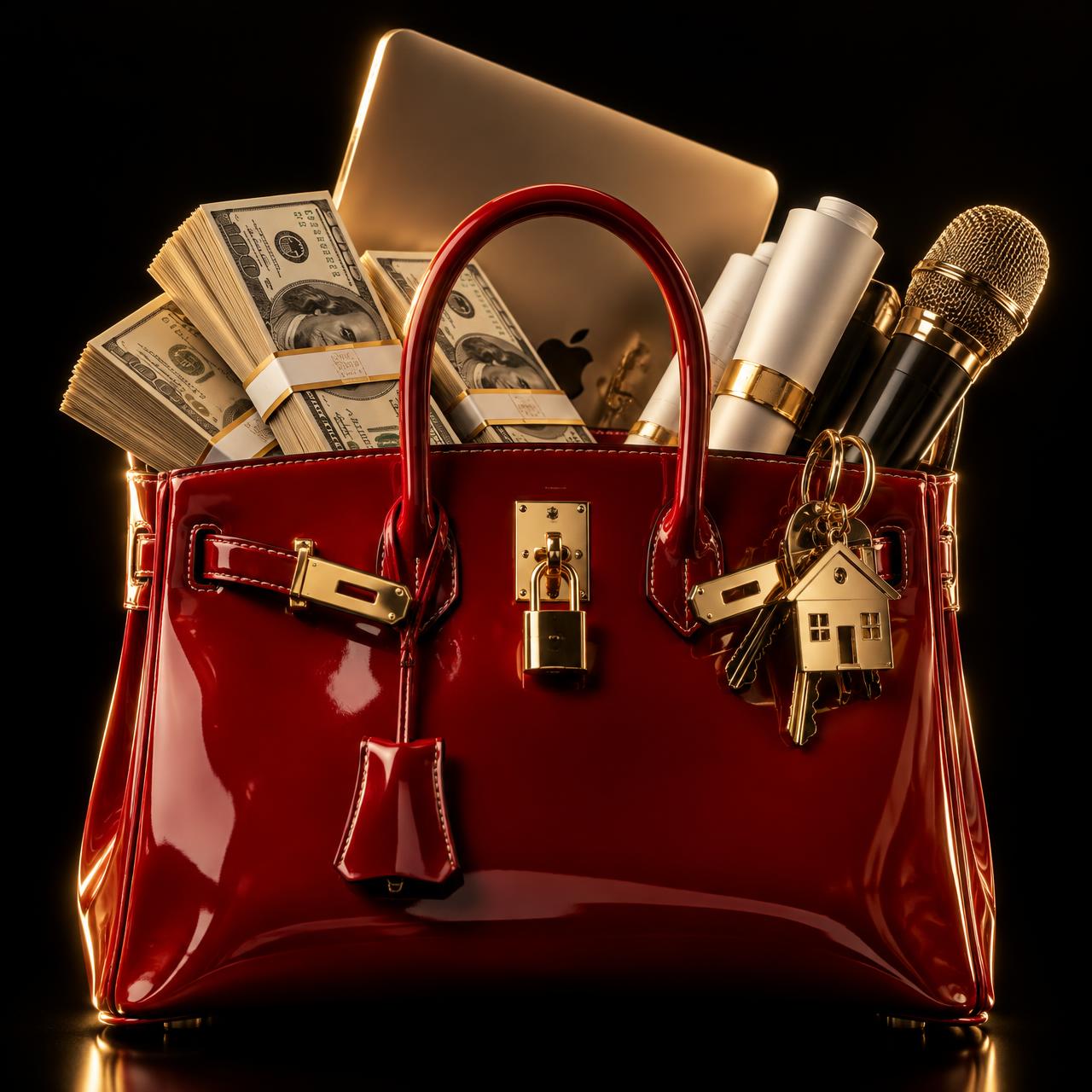 Red luxury bag filled with cash, keys, contracts, a laptop and a microphone